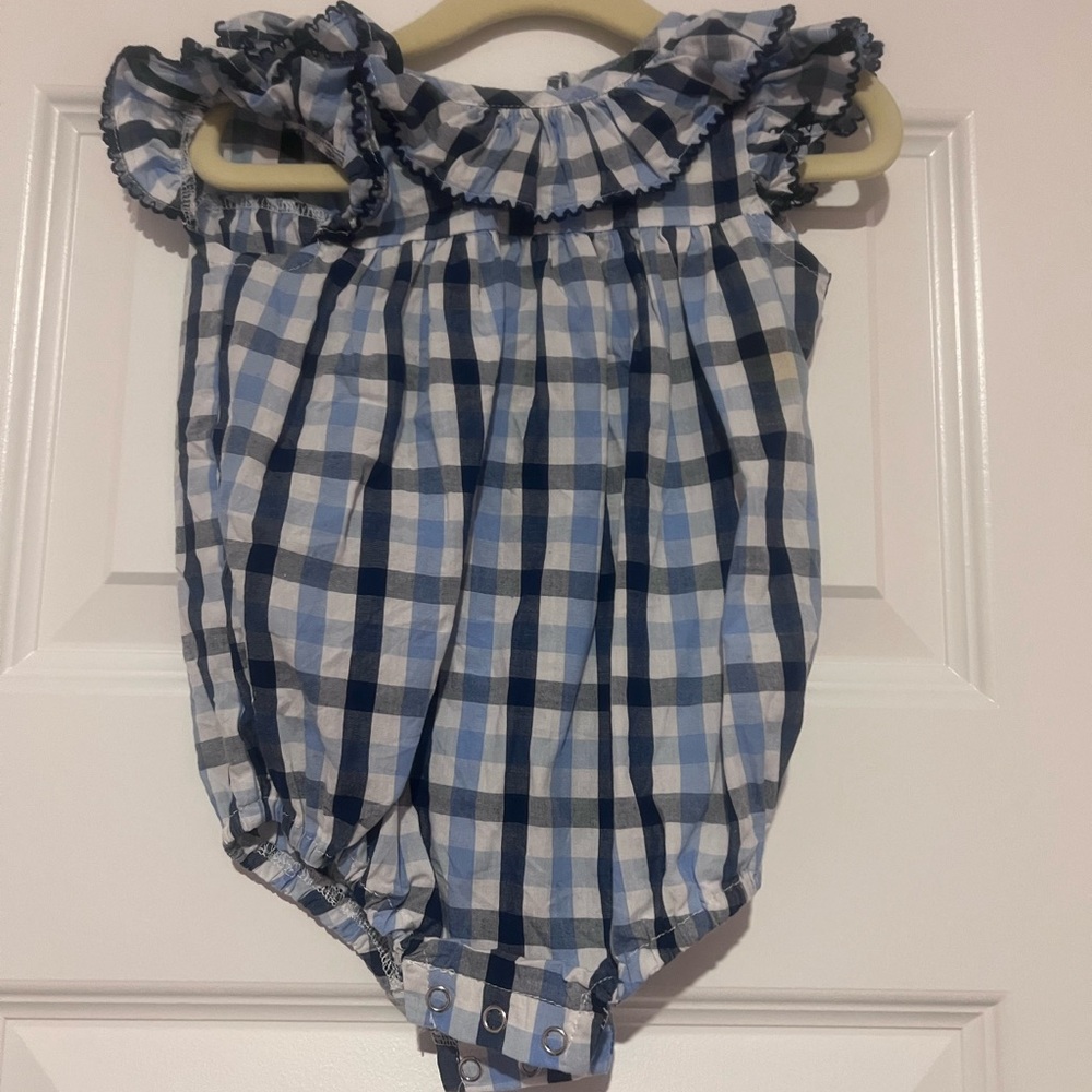 Blue windowpane bubble with ruffle collar